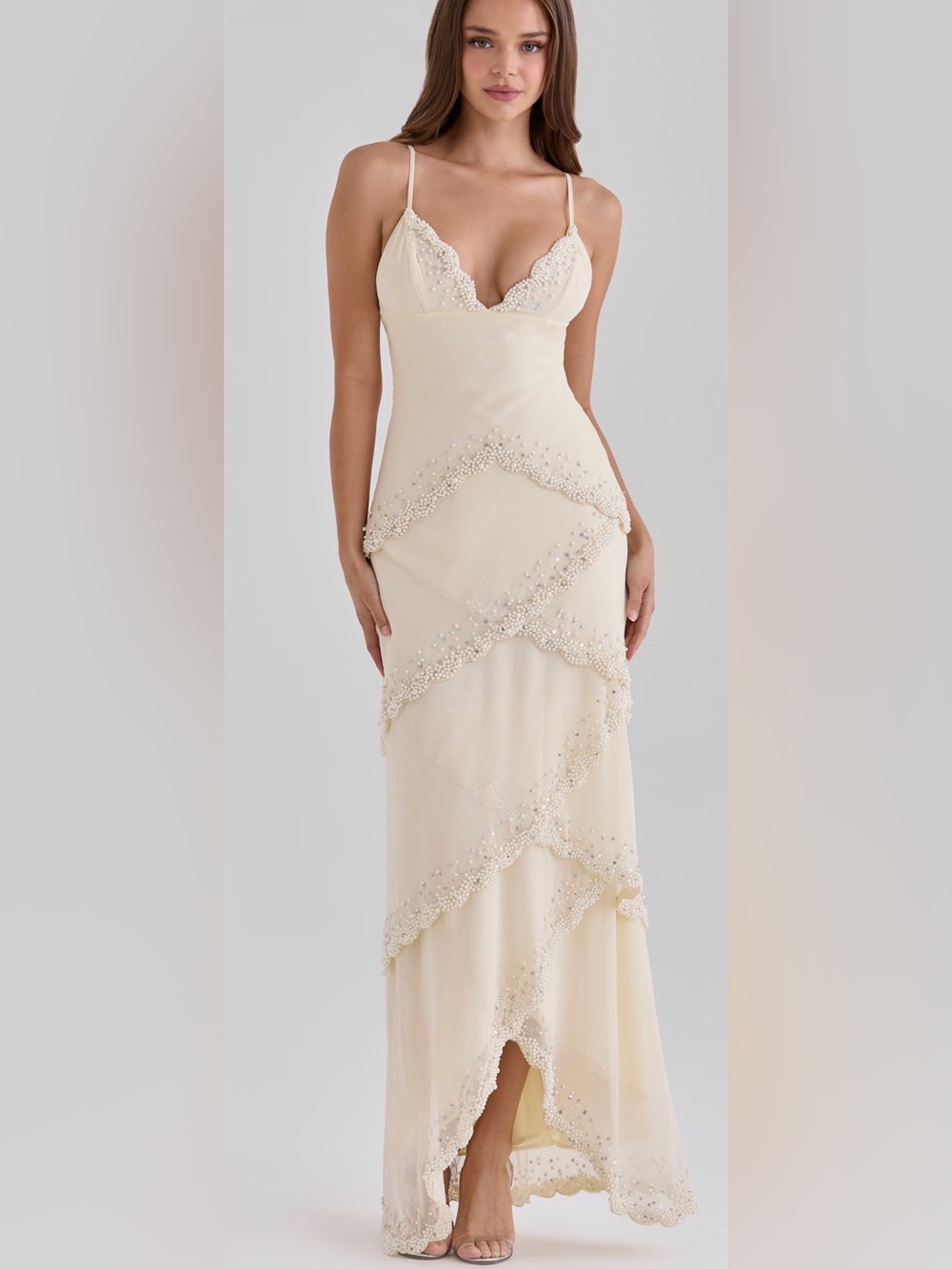 House of CB Cream Pearl-Embellished Maxi Dress